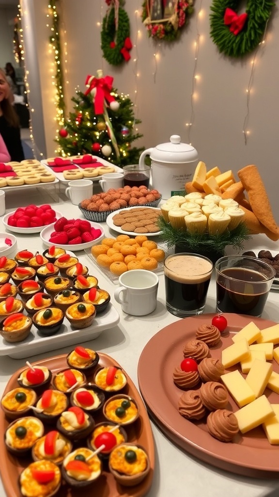 A vibrant spread of Christmas party food including appetizers and desserts on a decorated table.